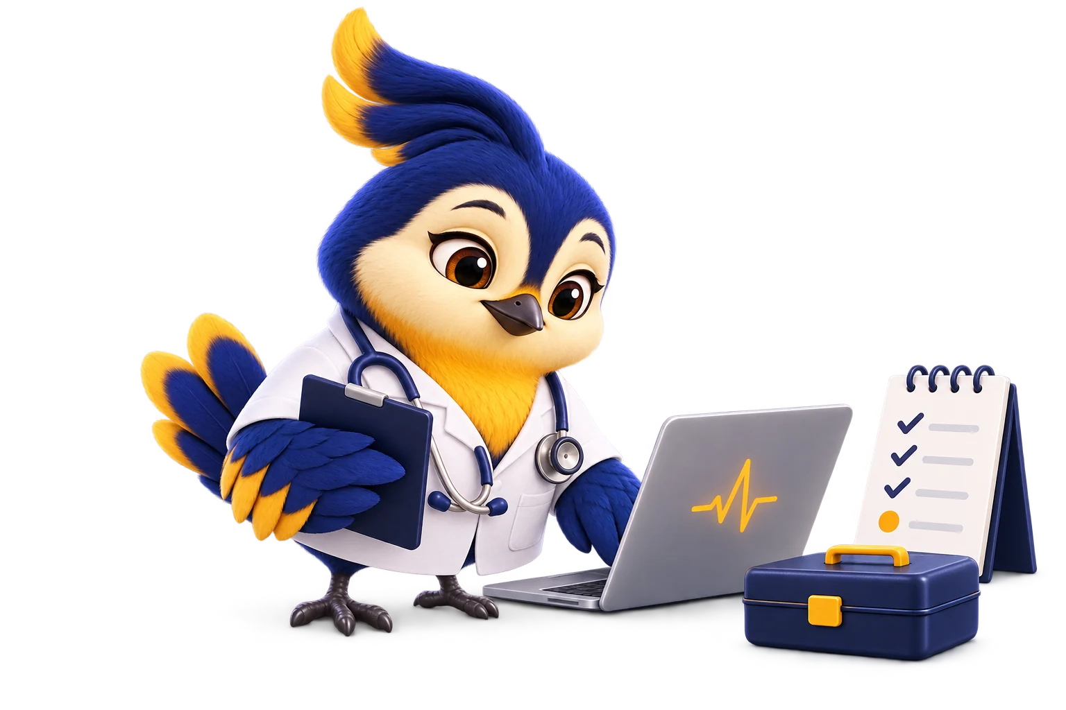 Vakyartha in a white doctor's coat with a stethoscope, checking a laptop beside a diagnostic checklist and toolkit