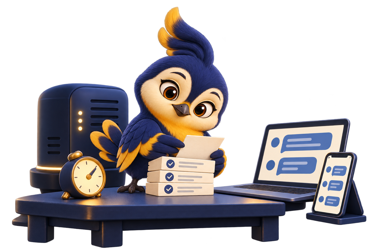 The blue Songbird organizes tasks while a server runs beside a clock, laptop, and phone