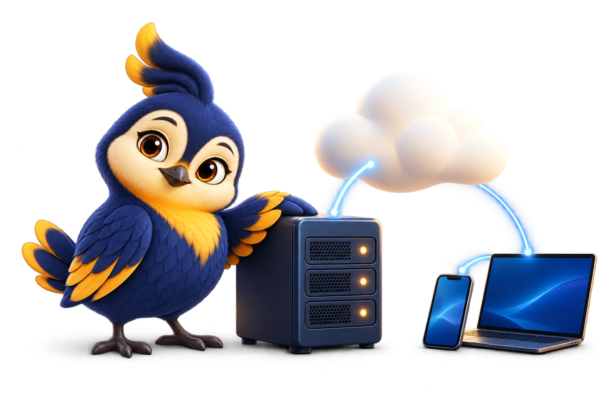 Vakyartha’s blue Songbird with its own server, connected to a laptop and phone