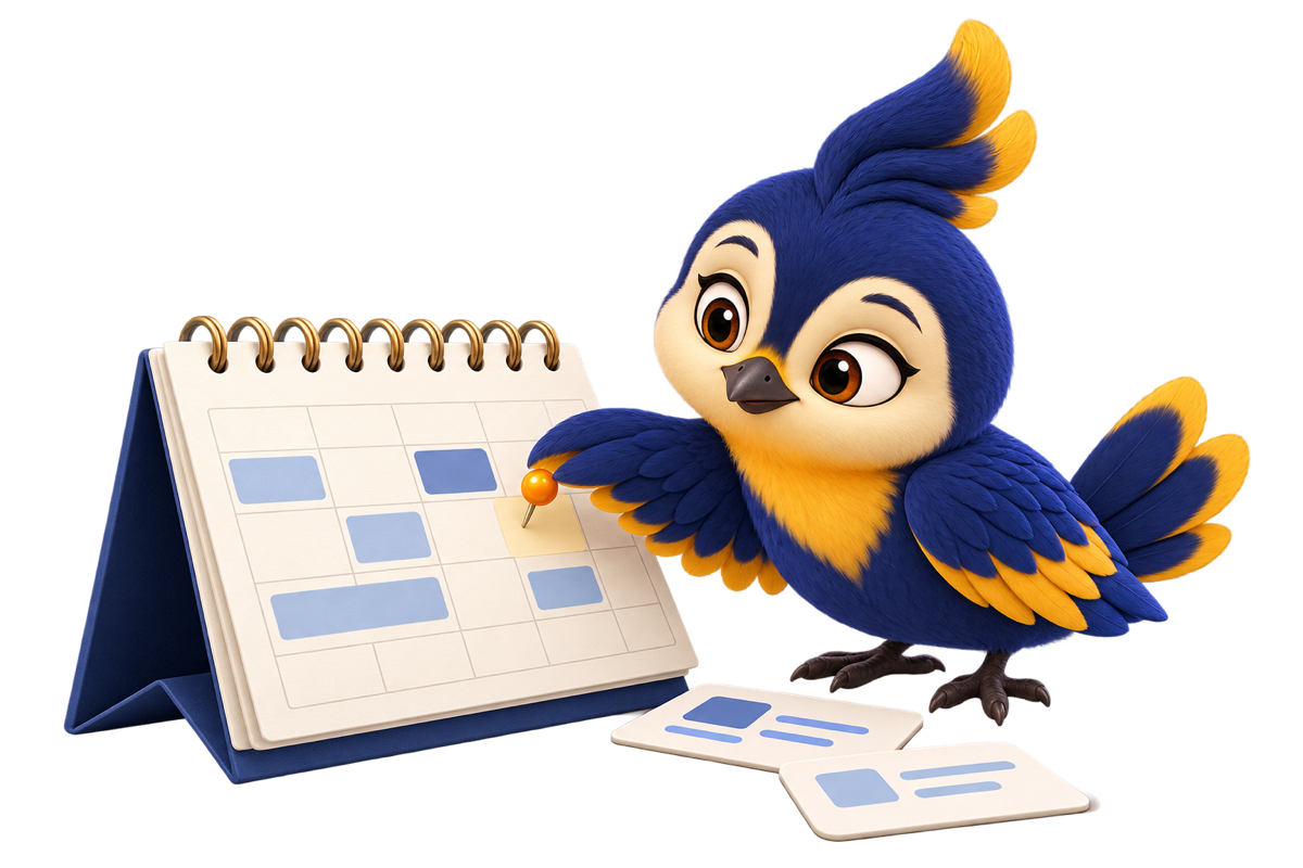 The blue Vakyartha Songbird considers open calendar times and possible conflicts