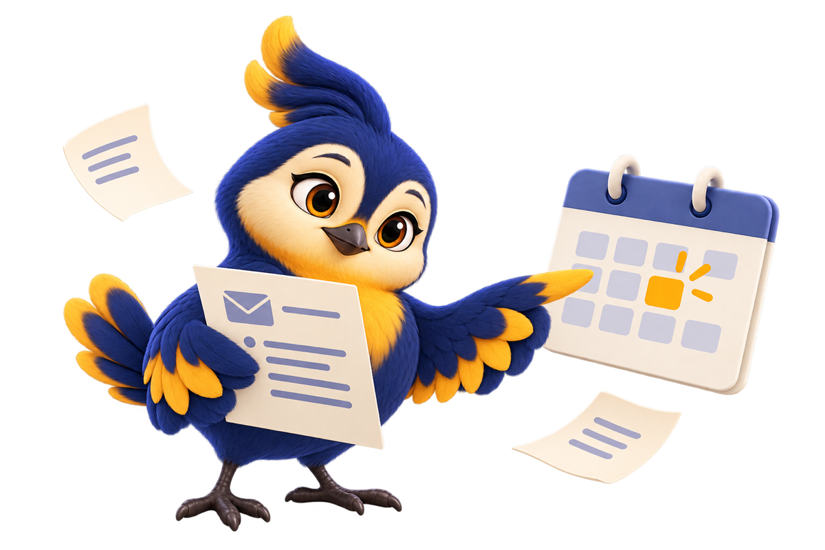 The blue Vakyartha Songbird checks a proposed email reply beside a calendar change